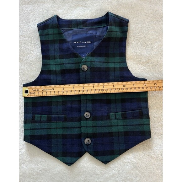 Janie & Jack Boys Suit Vest Size 4 Button Front Plaid Blue Green Preppy Formal - Picture 4 of 6